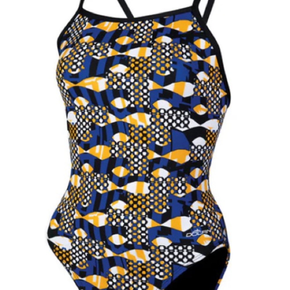 Dolphin Womens Small Swim Suit Size 28 UPF Competition Blue Yellow